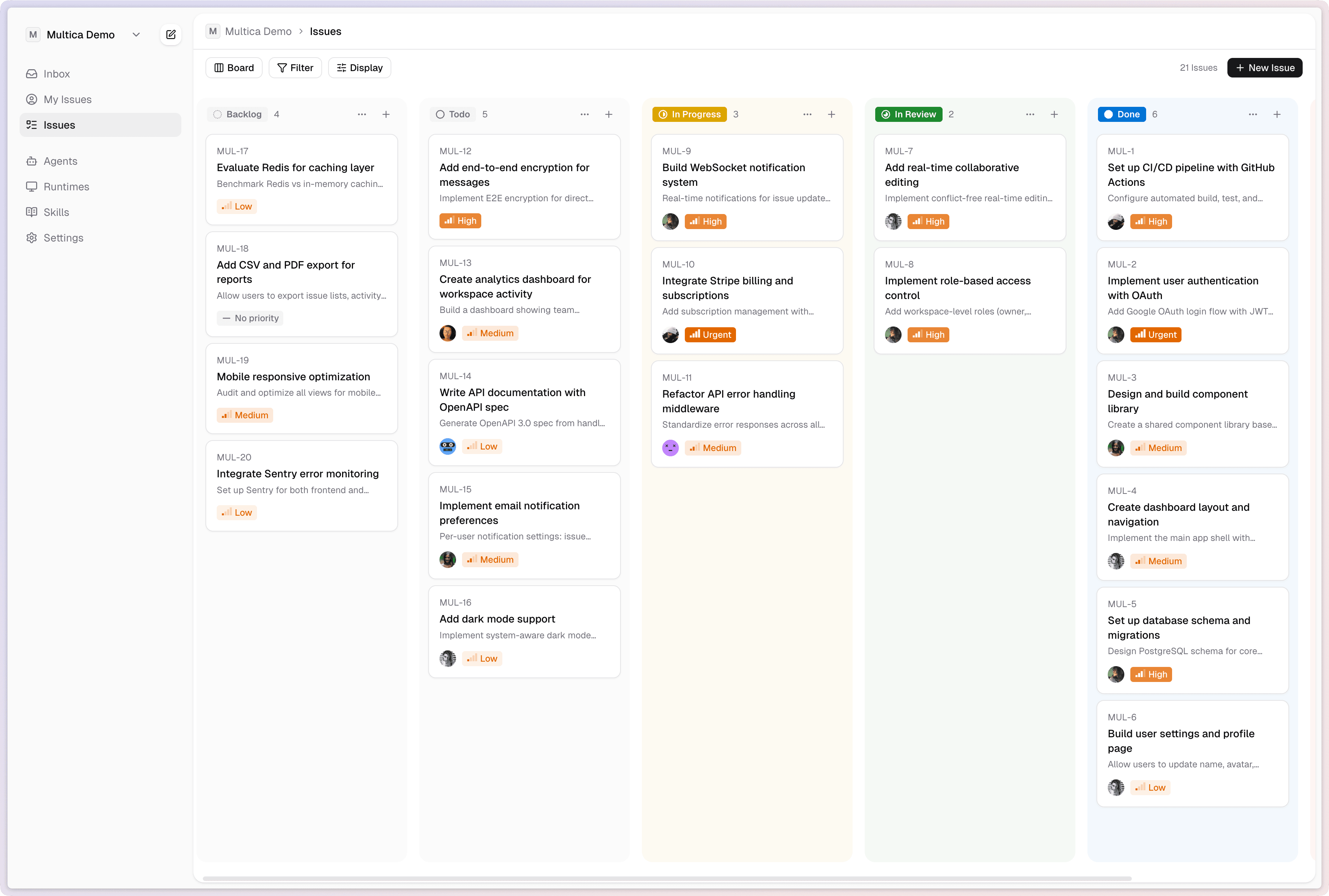 KEPT·留白 board view — issues managed by humans and agents